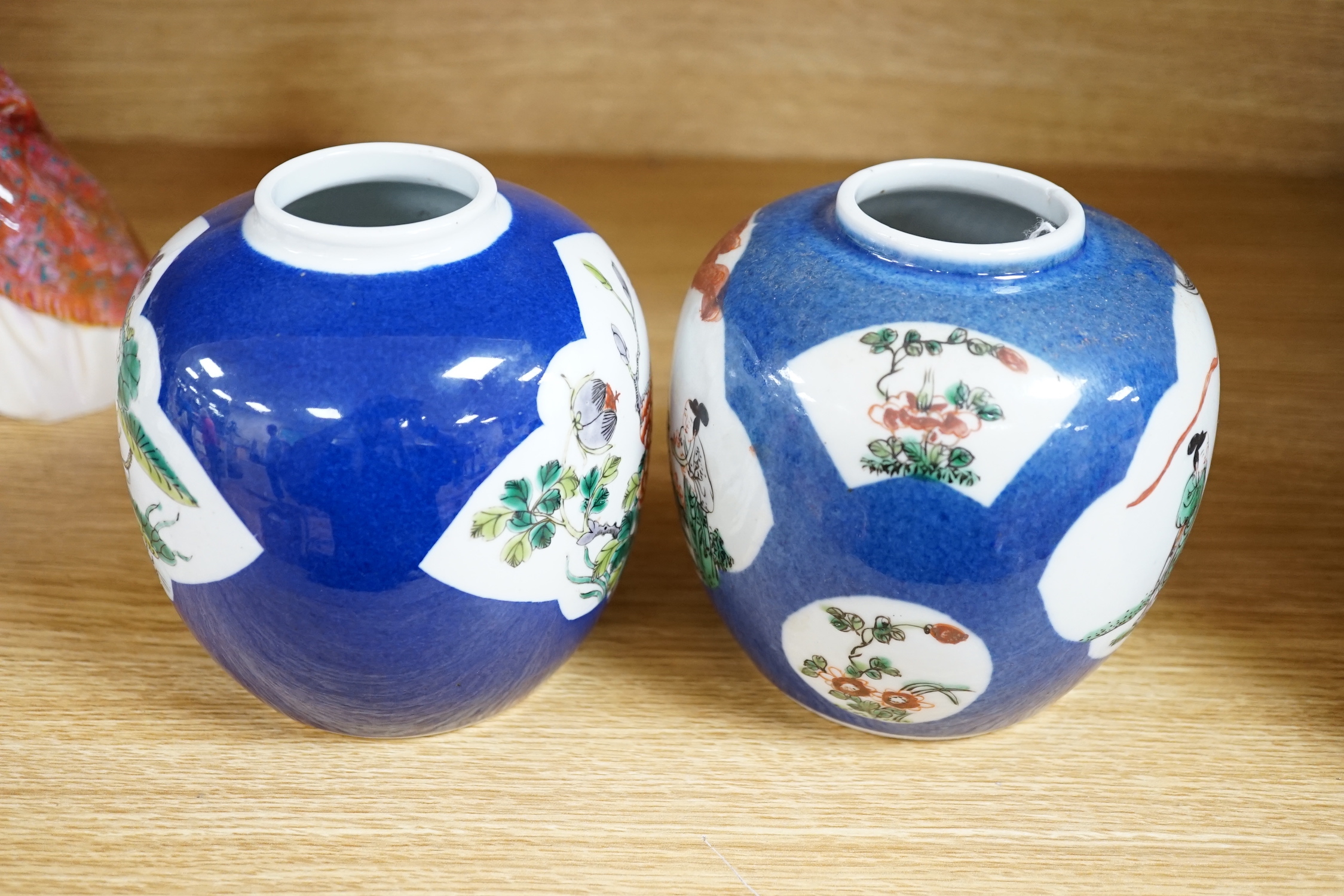 Two Chinese famille verte powder blue jars, early 20th century, 13cm high